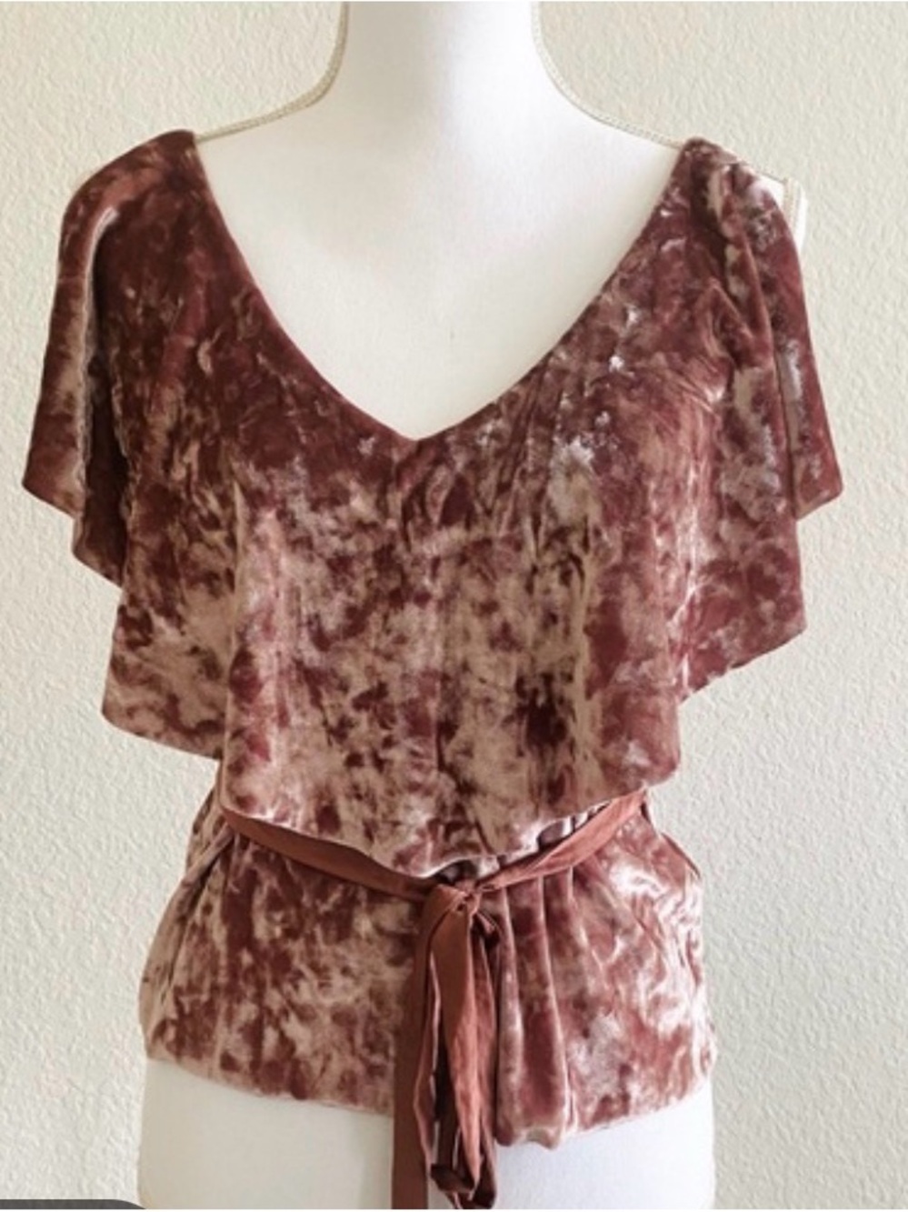 Velvet Flutter Sleeve V-Neck Top in Mauve Brown